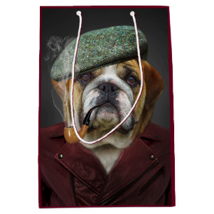Sacola Para Presentes Média Touro Cachorro com Boné e Pipe