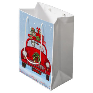 Sacola Para Presentes Média Touro Terrier Cão No Carro Com Papai Noel
