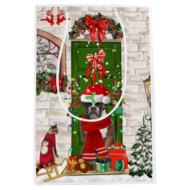 Sacola Para Presentes Média Travesseiro decorativo de Natal Boxer Dog (Frente)