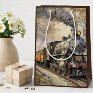 Sacola Para Presentes Média Trem a Vapor Vintage Personalizado | Presente de T