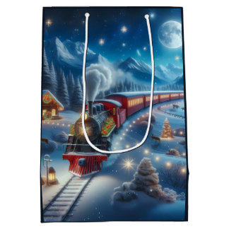 Sacola Para Presentes Média Trem de Natal Mágico Cena de Inverno Nevado