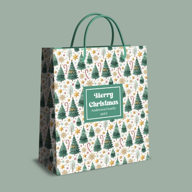 Sacola Para Presentes Média Trendy Christmas trees and candy canes name bag (Trendy Christmas trees and candy canes name bag)