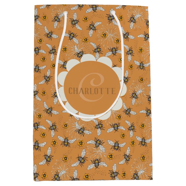 Sacola Para Presentes Média Trendy Orange Buzzing Honeybee para Primavera e Ve (Frente)