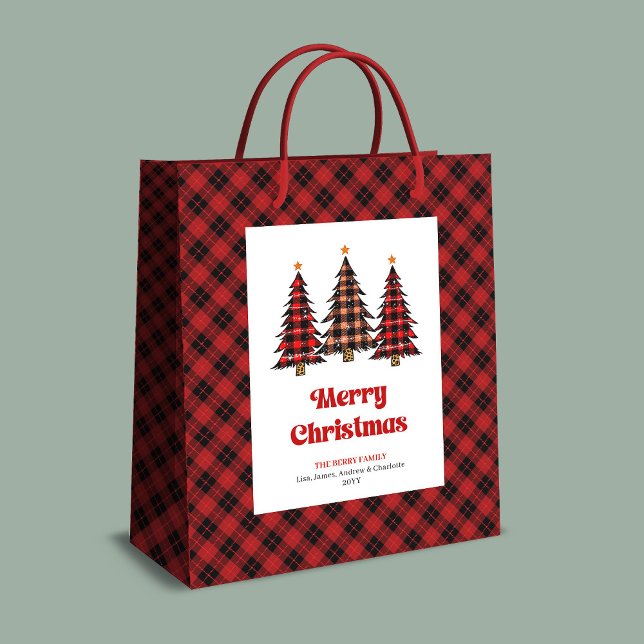Sacola Para Presentes Média Trendy red black tartan Christmas gift bag custom (Trendy red black tartan Christmas gift bag custom)