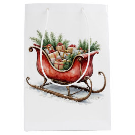 Sacola Para Presentes Média Trenó de Natal em Aquarela Vintage