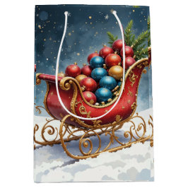 Sacola Para Presentes Média Trenó de Natal em Aquarela Vintage