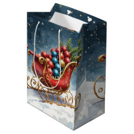 Sacola Para Presentes Média Trenó de Natal em Aquarela Vintage