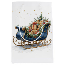Sacola Para Presentes Média Trenó de Natal em Aquarela Vintage