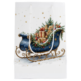Sacola Para Presentes Média Trenó de Natal em Aquarela Vintage
