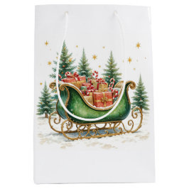 Sacola Para Presentes Média Trenó de Natal em Aquarela Vintage