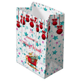 Sacola Para Presentes Média Trenó do Papai Noel Rosa Azul Estrelas Personaliza