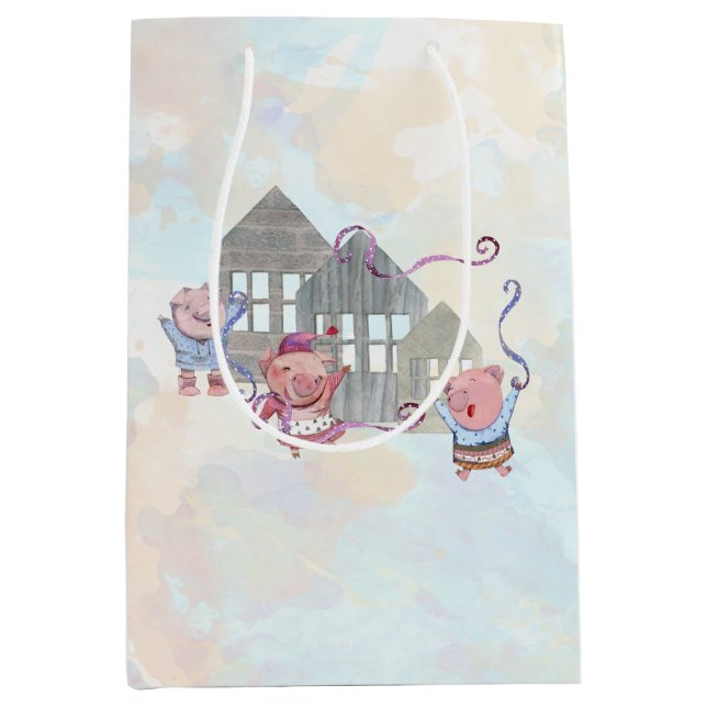 Sacola Para Presentes Média Três Pequenos Porcos com suas Casas (Frente)