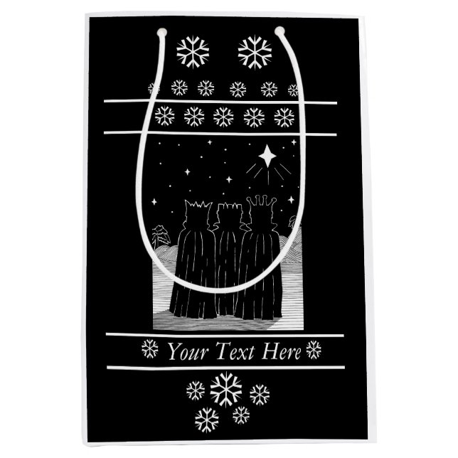 Sacola Para Presentes Média Três reis e estrelas do Natal preto e branco (Frente)