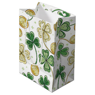 SACOLA PARA PRESENTES MÉDIA TREVO IRLANDÊS VERDE E DOURADO COM MOEDAS DE OURO