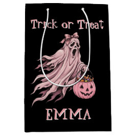 Sacola Para Presentes Média Trick or Treat Vintage Fantasma Rosa Nome Personal