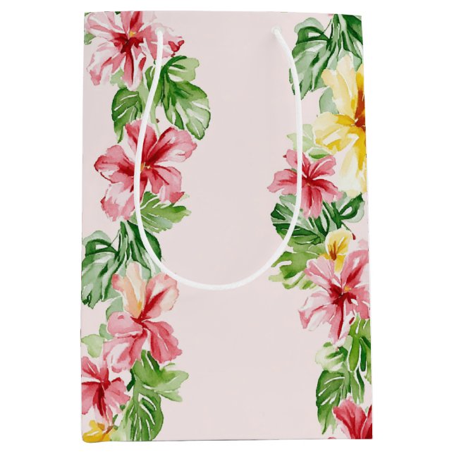 Sacola Para Presentes Média Tropical Pink Yellow Hibiscus Flowers Birthday (Frente)