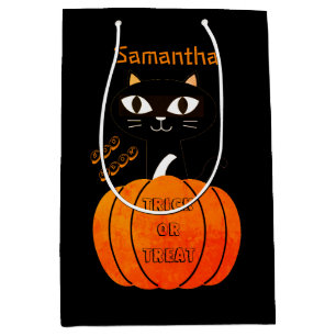 Sacola Para Presentes Média Truque De Abóbora De Gato Preto Laranja Ou Tratar