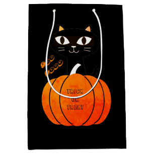 Sacola Para Presentes Média Truque De Abóbora De Laranja De Gato Preto Ou De T