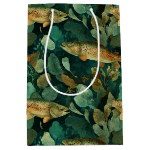 Sacola Para Presentes Média Truta Marrom Sofisticada Peixe Verde Aquarela