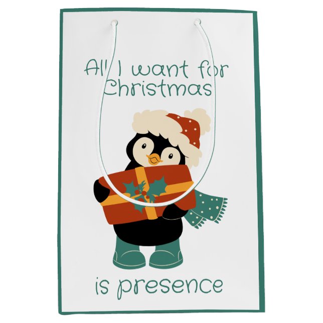 Sacola Para Presentes Média Tudo o que quero é o pinguim de Natal. (Frente)