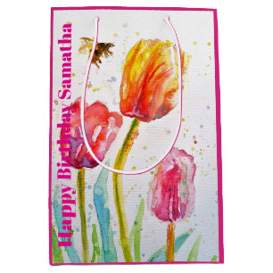 Sacola Para Presentes Média Tulipa Rosa Vermelha Flor Aquarela Aniversário da