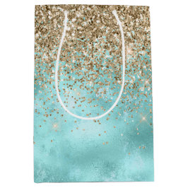 Sacola Para Presentes Média Turquesa Aqua Dourado Glitter Sparkle     