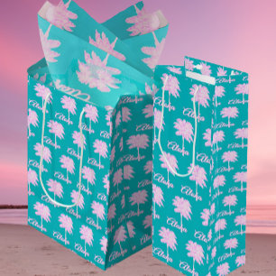 Sacola Para Presentes Média Turquesa Rosa Branco Palma Aloha Tropical