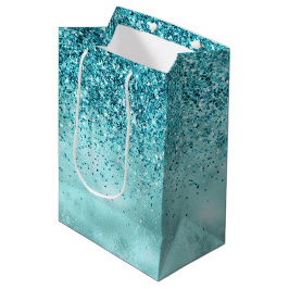 Sacola Para Presentes Média Turquoise Aqua Dourada Glam Glitter