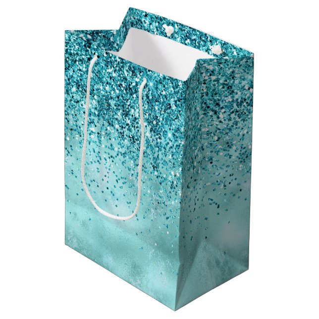 Sacola Para Presentes Média Turquoise Aqua Dourada Glam Glitter (Frente inclinada)