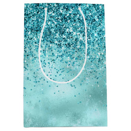 Sacola Para Presentes Média Turquoise Aqua Dourada Glam Glitter