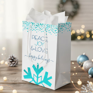Sacola Para Presentes Média Turquoise Bold Snowflake Joy Joy Love Tipografia
