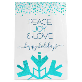 Sacola Para Presentes Média Turquoise Bold Snowflake Joy Joy Love Tipografia