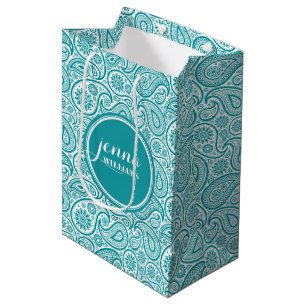 Sacola Para Presentes Média Turquoise e White Vintage paisley Damask