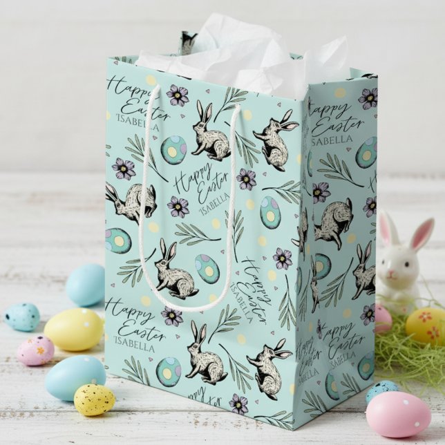 Sacola Para Presentes Média Turquoise Felz pascoa Bunny (Cute Happy Easter Pastel Blue Gift Bags for Kids Egg Hunt with Name. Bunny Rabbit, Eggs & Flowers)