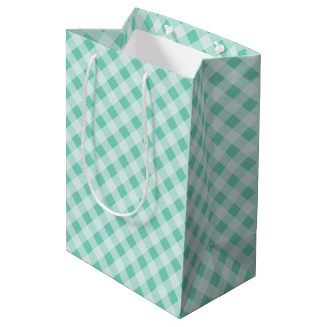 Sacola Para Presentes Média Turquoise Retro Gingham Gift Bag (Verso inclinado)