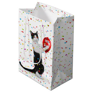 Sacola Para Presentes Média Tuxedo Cat Com Balão De Aniversário