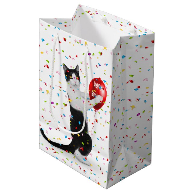 Sacola Para Presentes Média Tuxedo Cat Com Balão De Aniversário (Frente inclinada)