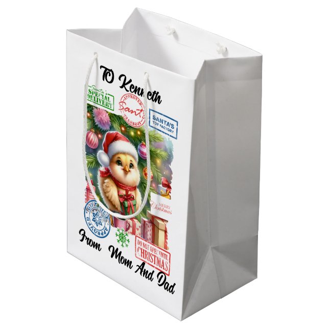 Sacola Para Presentes Média Um pequeno Pintinho está pronto para o Natal (Verso inclinado)