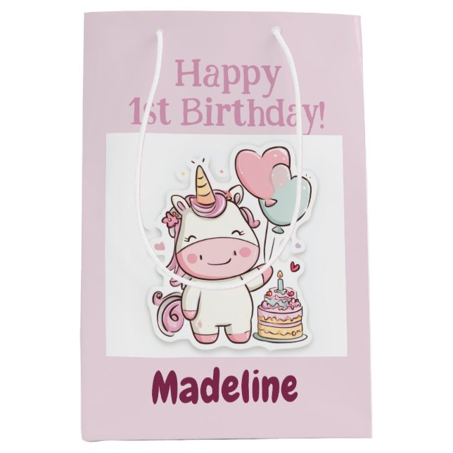 Sacola Para Presentes Média Unicorn Gift Wrap, 1st Birthday Girl, Personalized (Frente)