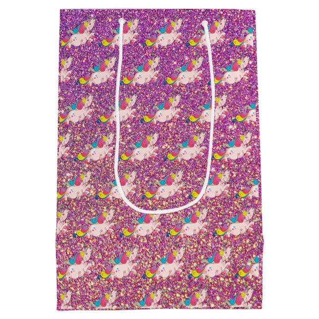 Sacola Para Presentes Média Unicorn Kawaii Rainbow Dourado Púrpura Rosa Brilha (Verso)
