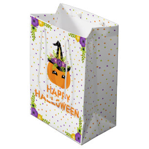 Sacola Para Presentes Média Unicorn Pumpkin Floral Happy Halloween White Mediu