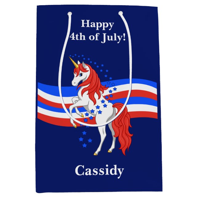Sacola Para Presentes Média Unicórnio americano patriótico azul branco (Frente)