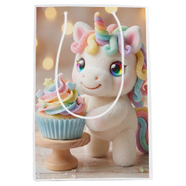 Sacola Para Presentes Média Unicórnio de Bala Pastel com Cupcake de Arco-íris