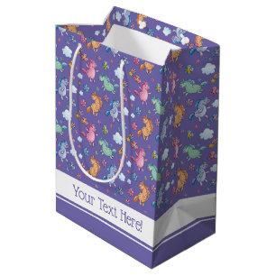 Sacola Para Presentes Média Unicórnios Whimsical e Flores Bonito Brilhantes