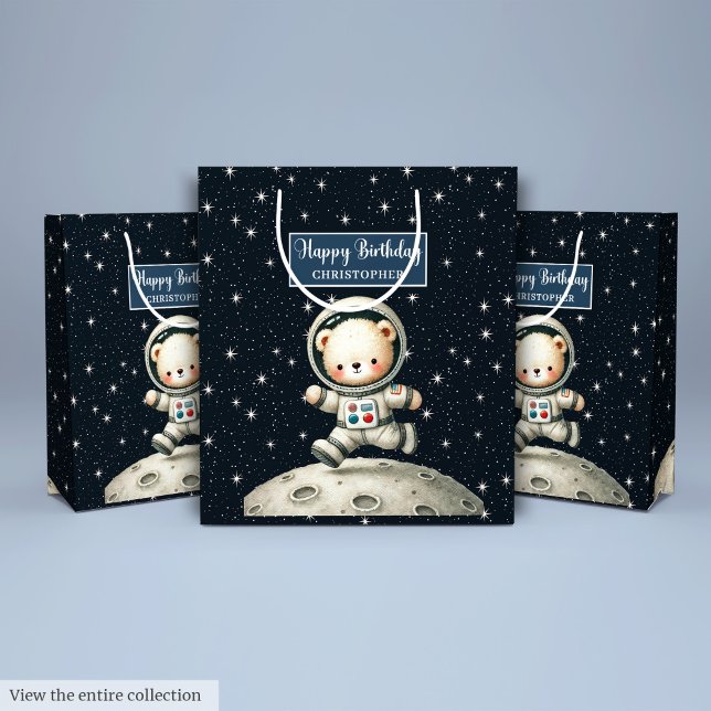 Sacola Para Presentes Média Ursinho Astronauta Gift Bag para Festa de Menino (Teddy Astronaut Gift Bag for Little Boy Party)