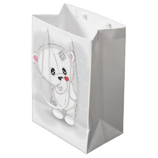 Sacola Para Presentes Média Urso Branco Fofo Segurando Coraçãozinho