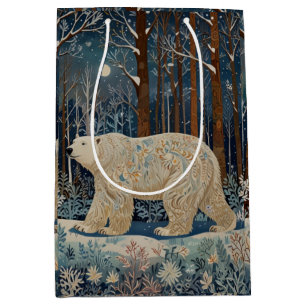 Sacola Para Presentes Média Urso branco retrógrado boho floresta de inverno