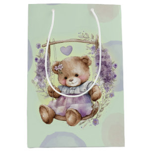 Sacola Para Presentes Média Urso Castanho Nadando Vestido De Lavanda E Polka