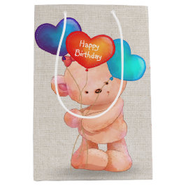 Sacola Para Presentes Média Urso com Balões do Coração de Aniversário