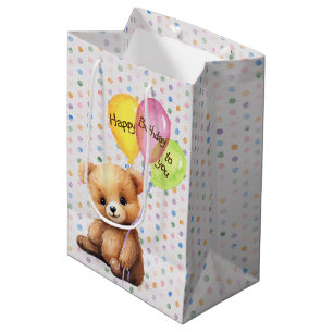 Sacola Para Presentes Média Urso de Aniversário com Balões de Festas